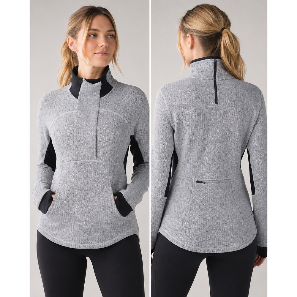 Lululemon Herringbone Run Stay Warm Pullover Grey Black 1/4 Snap Size 10